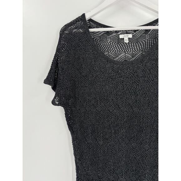 Cache Sweater Top Womens Medium Gray Crochet Knit Short Sleeves Metallic Scoop - Picture 3 of 14
